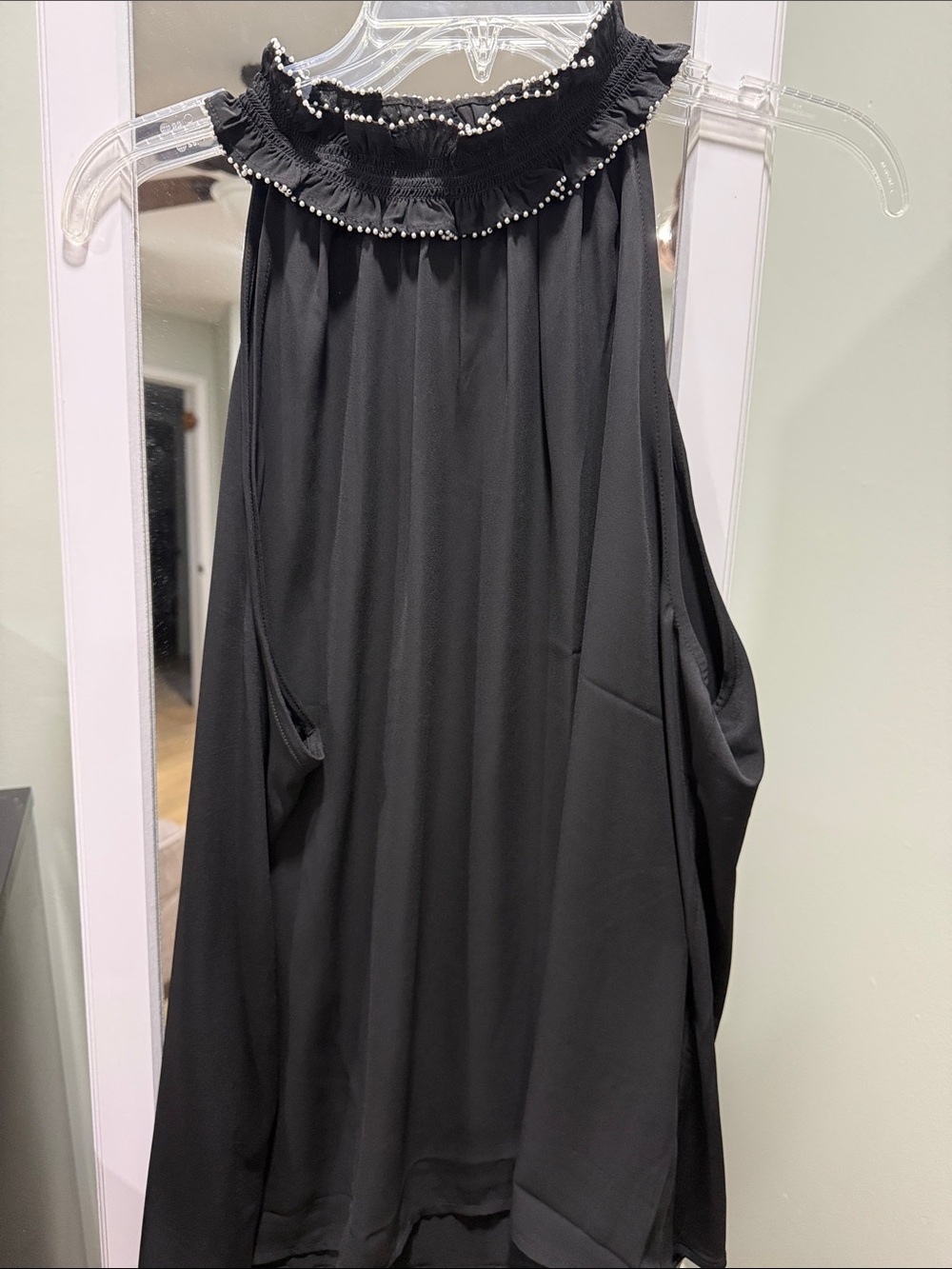 Ann Taylor Black Halter Tank with Pearl-Trim Ruffle Neck